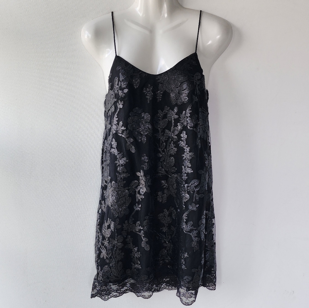 LF Millau Black Floral Sequin Pattern Mini Dress